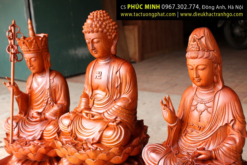 Bộ Tôn tượng Sa Bà Tam Thánh: Phật Thích Ca, Quan Âm Bồ Tát, Địa tạng Bồ tát gỗ Hương, cao 40cm.