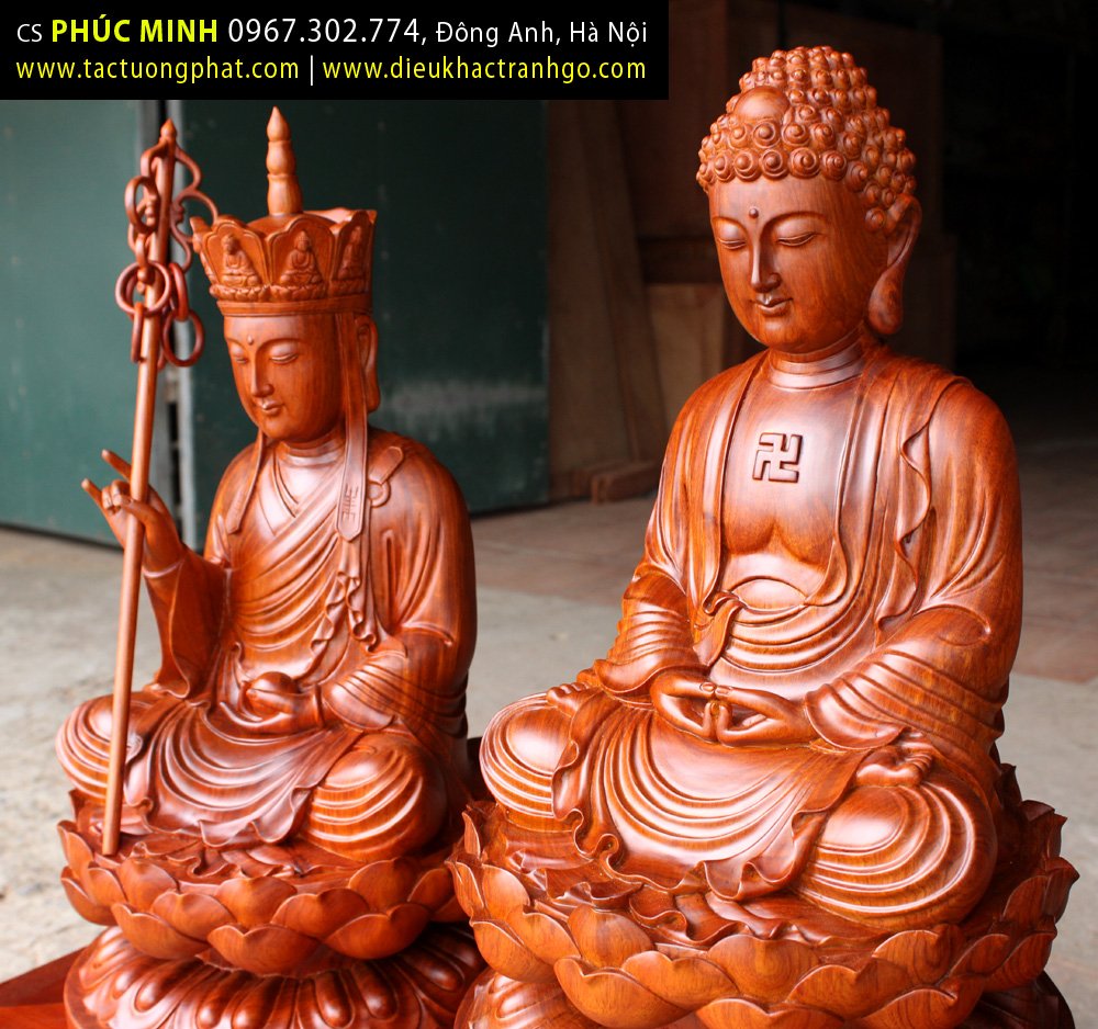 Bộ Tôn tượng Sa Bà Tam Thánh: Phật Thích Ca, Quan Âm Bồ Tát, Địa tạng Bồ tát gỗ Hương, cao 40cm.