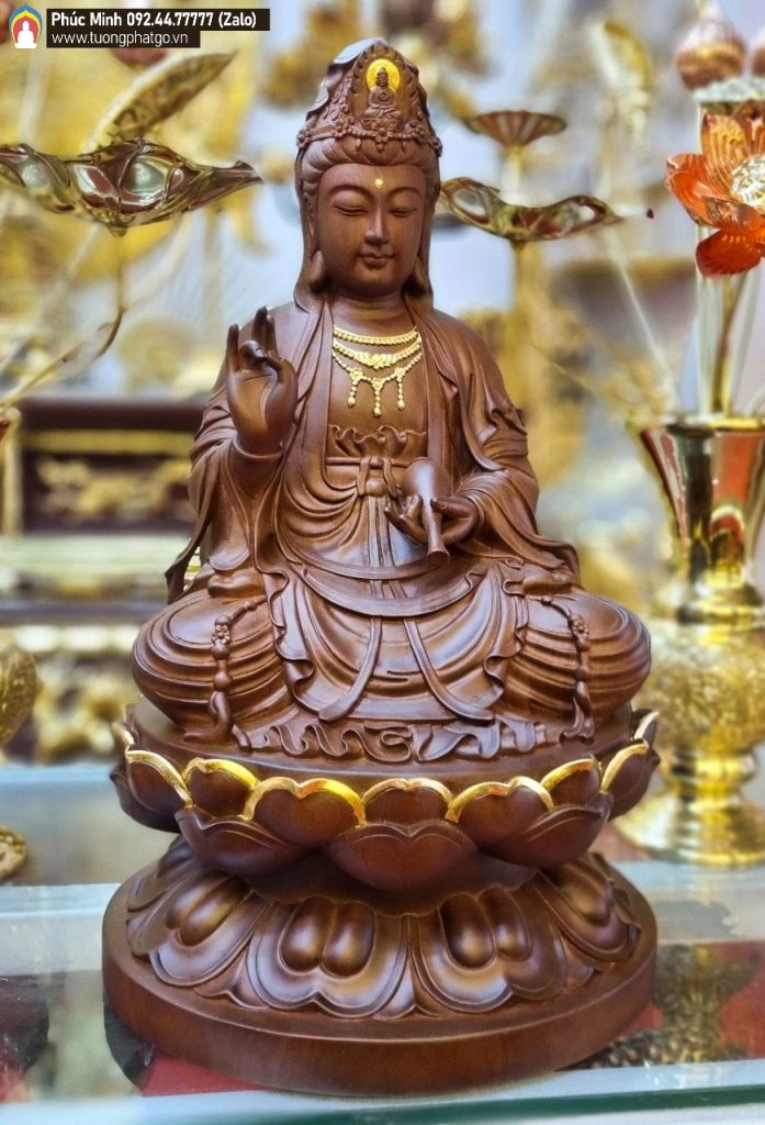 Tôn tượng Quan âm cao 50cm, thếp điểm vàng giả cổ lối hiện đại